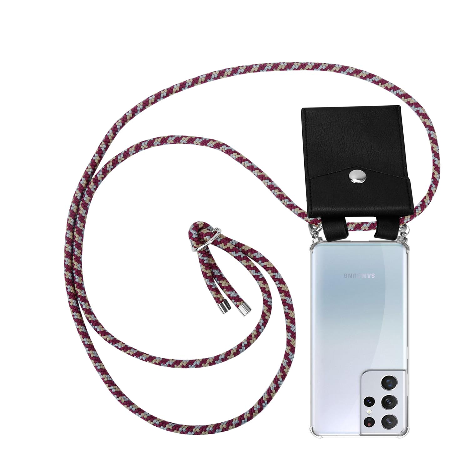 Telefon mit rot-weißem Seilband. Schwarzer Leder-Telefonhalter an der Rückseite des Telefons befestigt.