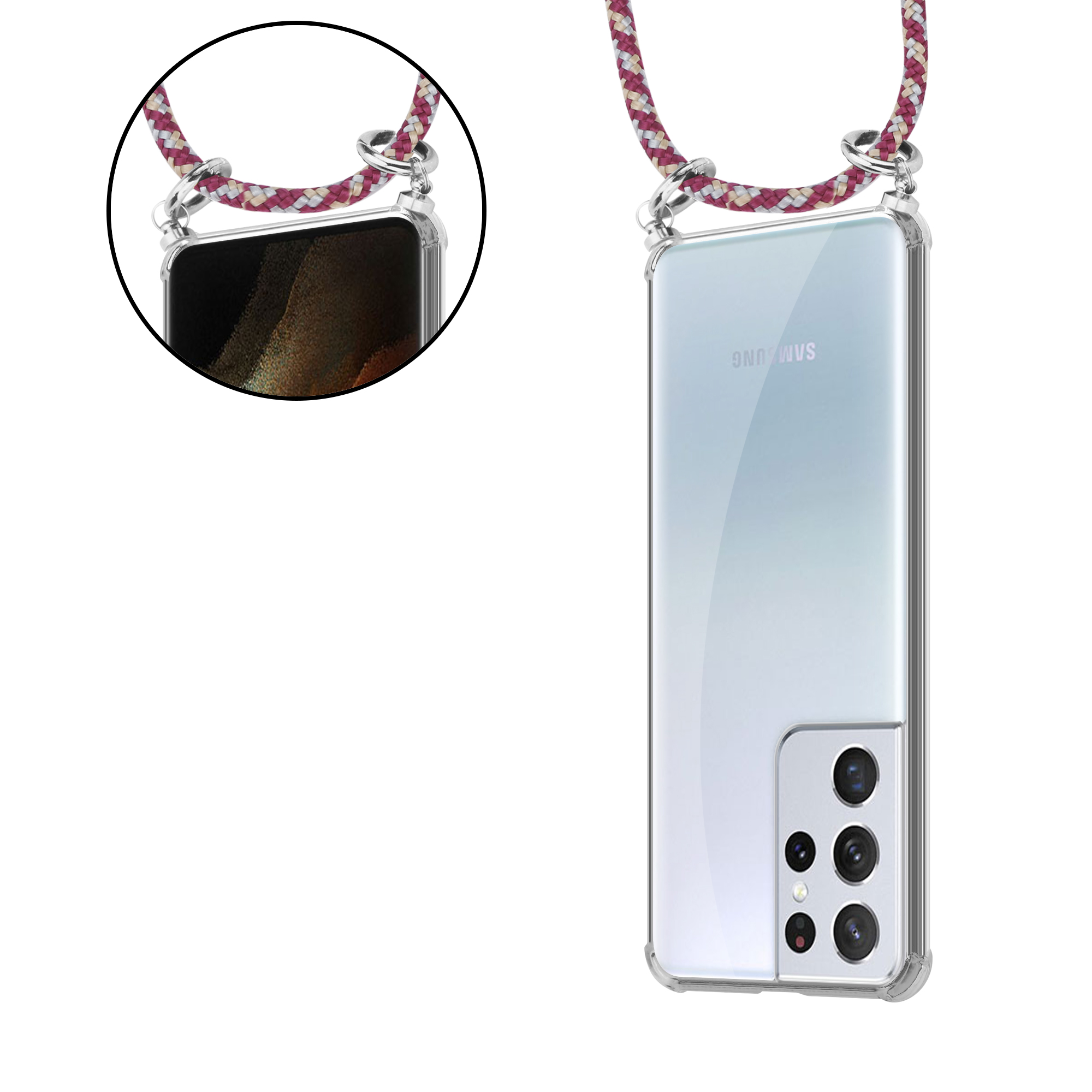 Telefon mit klarer Hülle und einem gemusterten Gurt. Der Gurt hat Weiß, Rot und Lila.