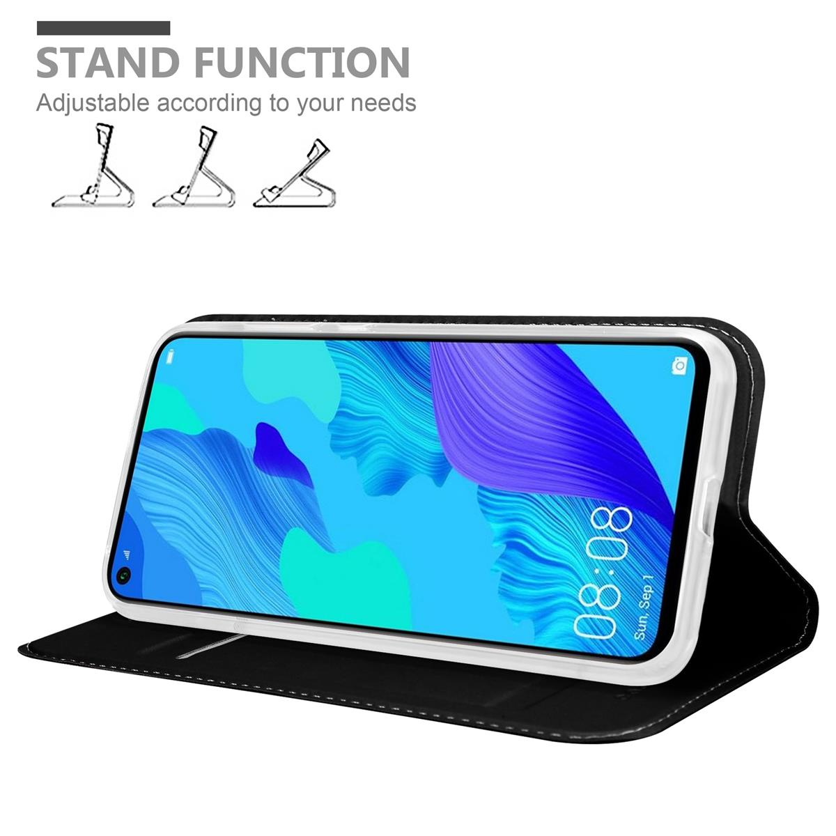Schwarze Handyhülle mit Telefon, das die Uhrzeit anzeigt. Standfuß-Funktionssymbole oben links.