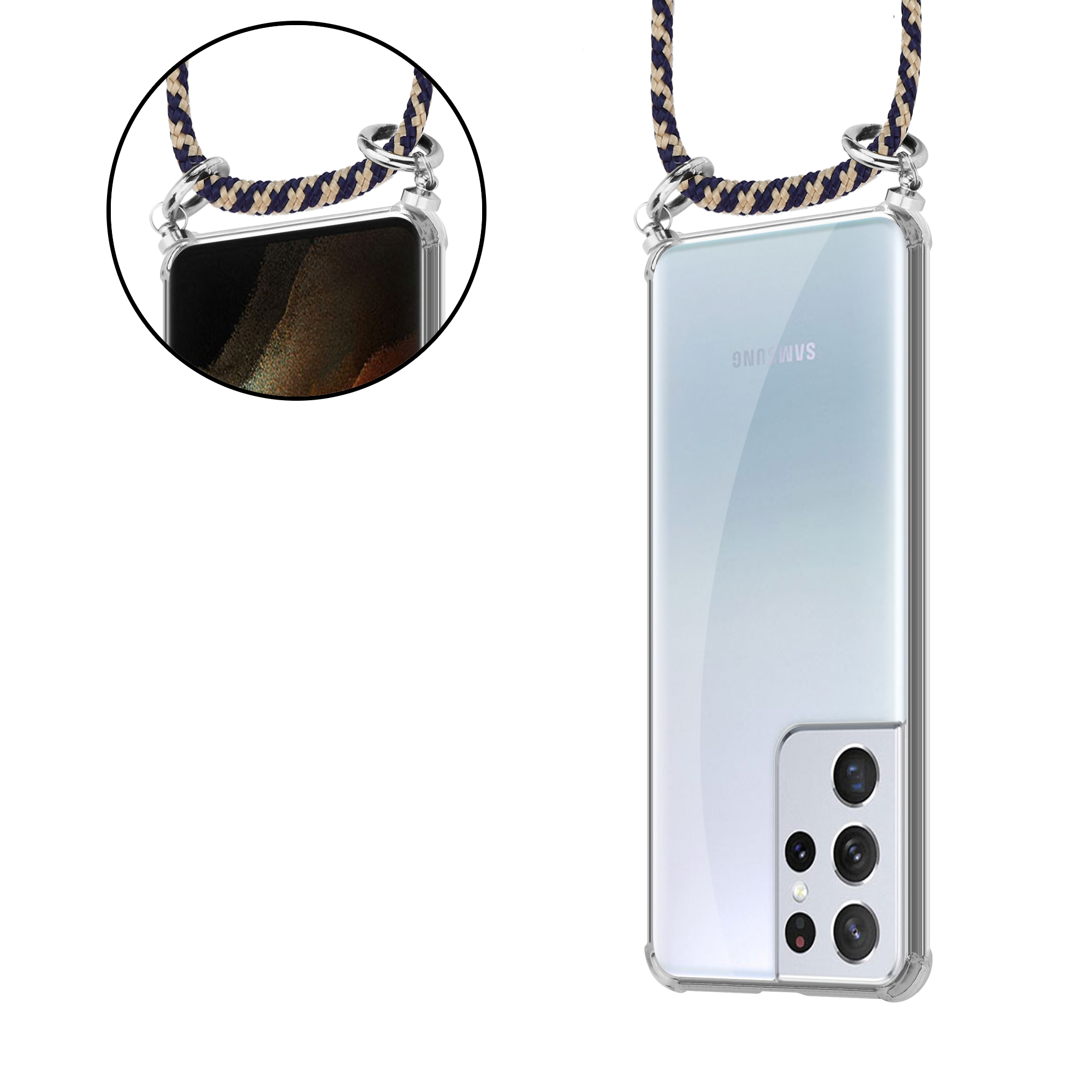 Transparente Handyhülle mit Lanyard. Das Handy ist sichtbar, mit Samsung-Logo. Das Lanyard ist braun und marineblau.