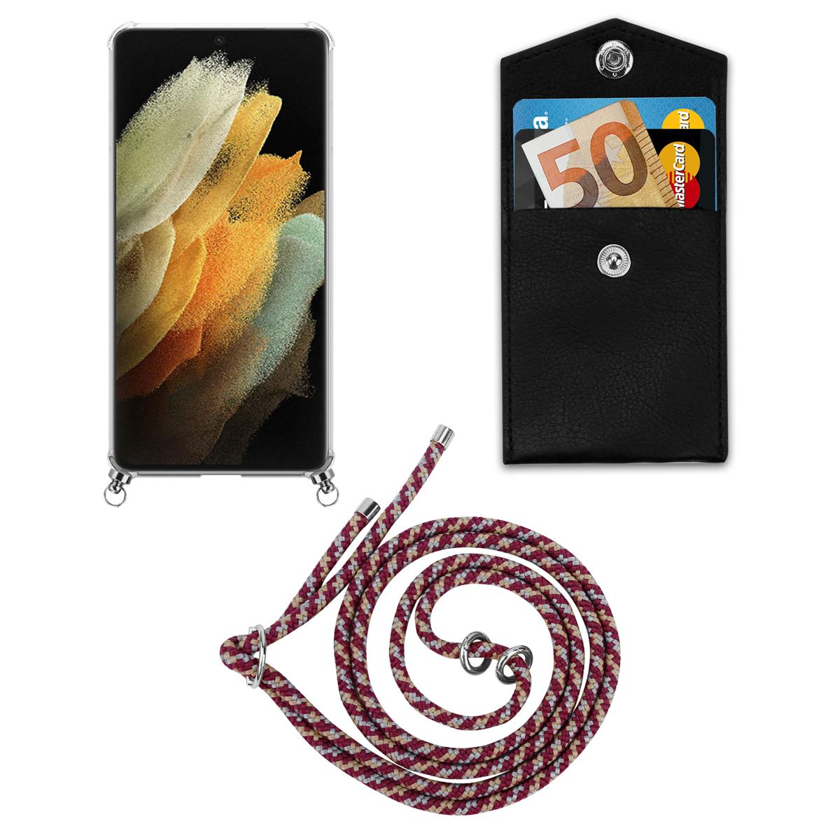 Telefon mit Hülle, weinrotes Portemonnaie mit Karten und ein weinroter Seilriemen.