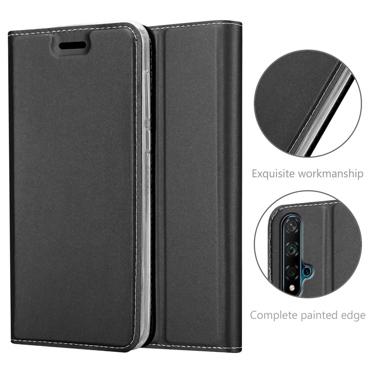 Geöffnete schwarze Handyhülle mit Telefon. Details der Kamera und Kanten hervorgehoben.