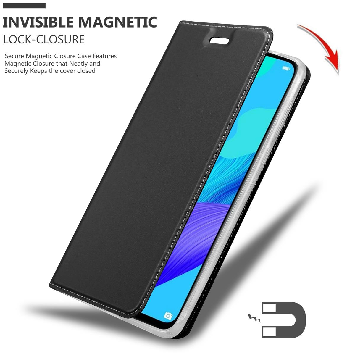Schwarze Handyhülle mit Magnetverschluss. Das Telefon ist in der geöffneten Hülle.