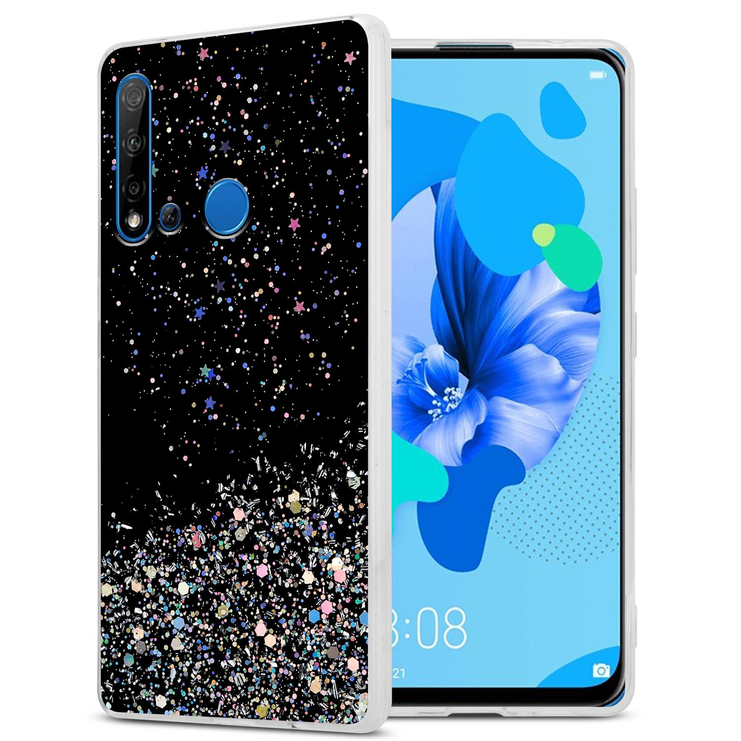 Telefon mit glitzernder schwarzer Hülle, der Bildschirm zeigt eine blaue Blume und Zeit.