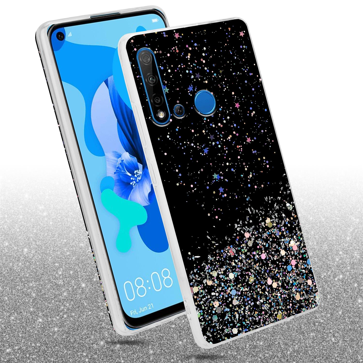 Zwei Telefone, eins schwarz mit Glitzersternen, das andere mit blauem Bildschirm. Beide stehen auf Glitzer.