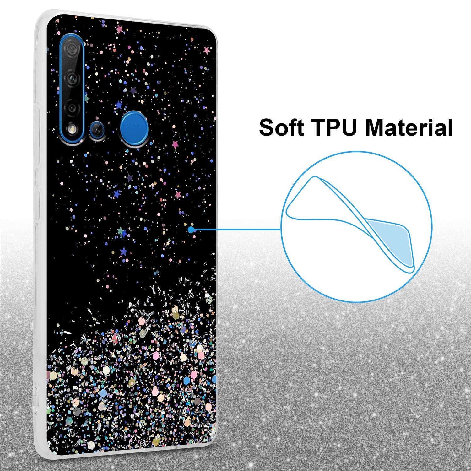 Schwarze Handyhülle mit Glitzer und Sternen. Text: 'Soft TPU Material'. Blauer Kreis markiert.
