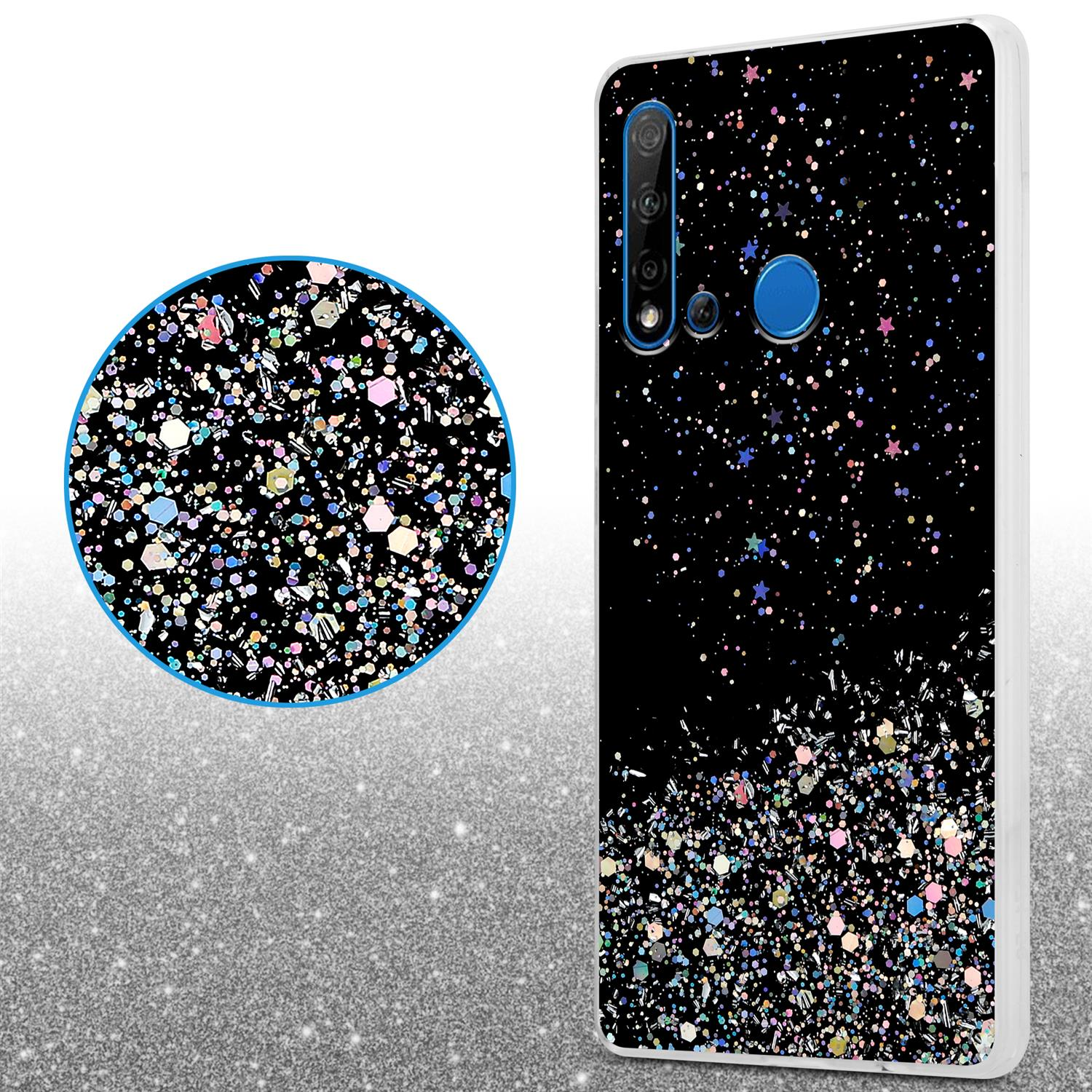 Schwarze Handyhülle mit Glitzer und Punkten. Hülle wird offen mit Nahaufnahme gezeigt. Telefon hat Kamera.