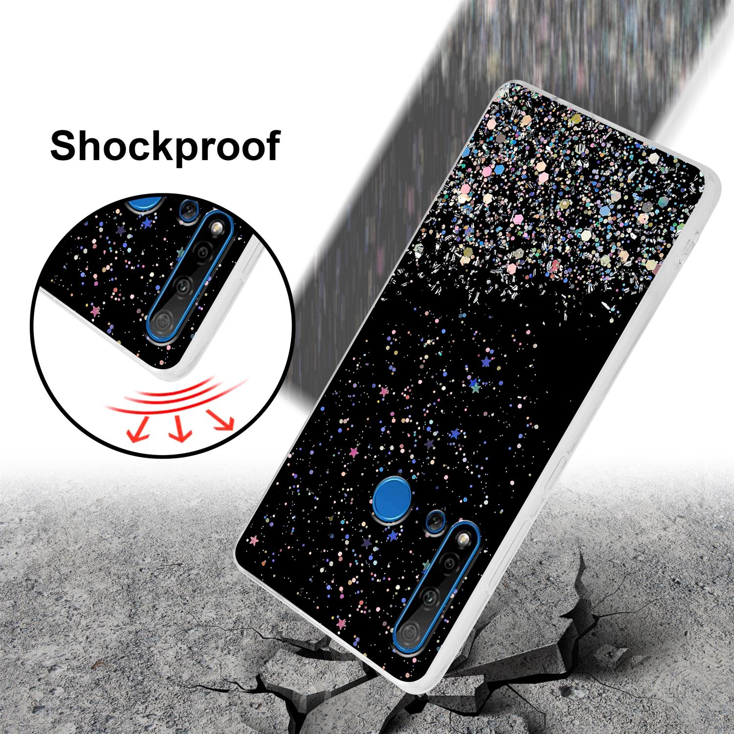 Schwarze Handyhülle mit Glitzerdesign auf einem zerbrochenen Betonboden.
