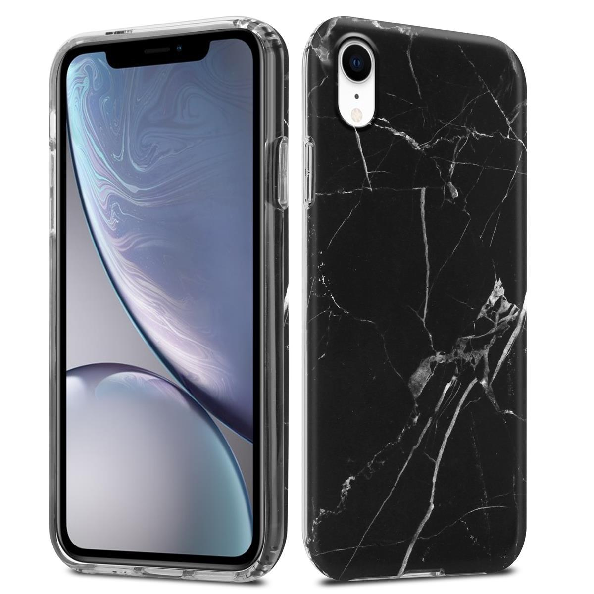 Due custodie per telefono, trasparenti con design marmorizzato, che mostrano la parte anteriore e posteriore.