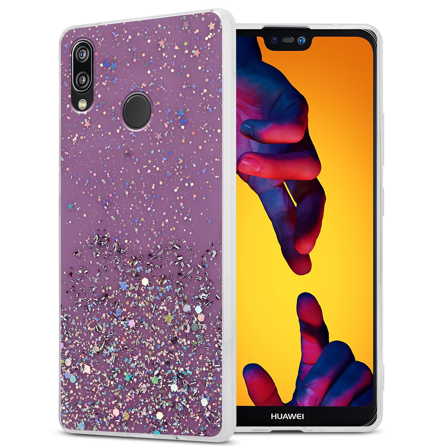 Glitzer-Handyhülle mit Telefon. Telefon zeigt Hände, die mit orangefarbenem Hintergrund interagieren.