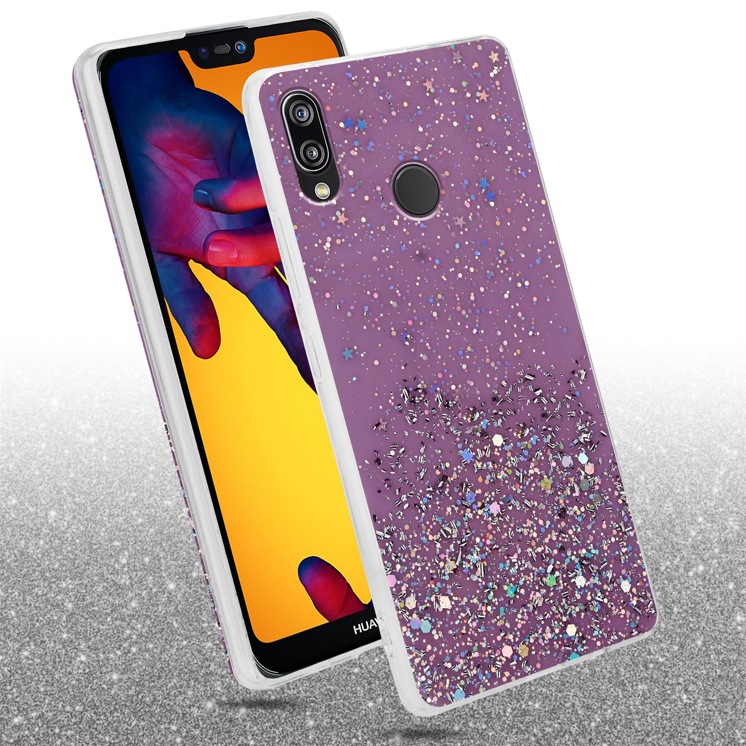 Lila Handyhülle mit Glitzer und einem Telefon.
