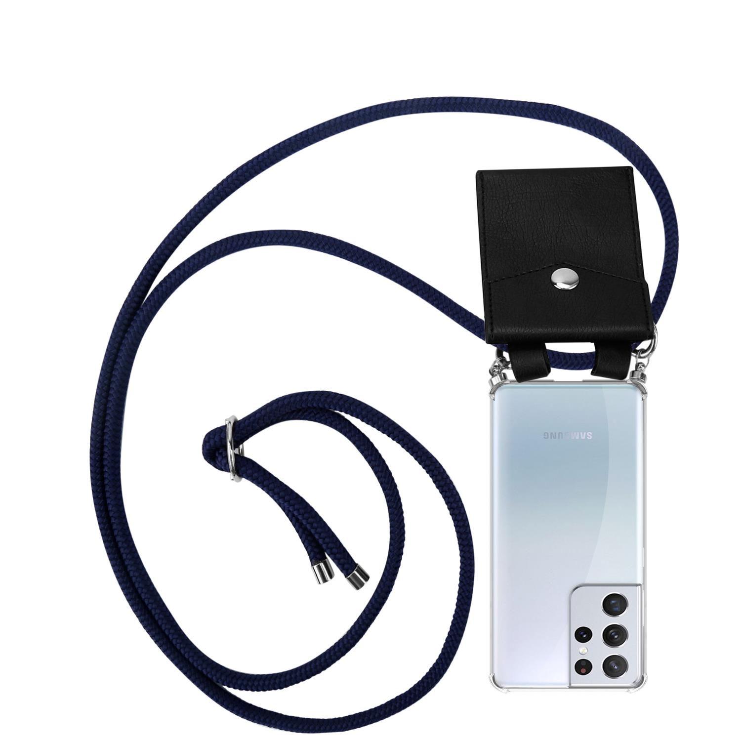 Marineblaue Schnur-Handyhülle mit schwarzem Leder. Ein Samsung-Handy befindet sich in der Hülle.