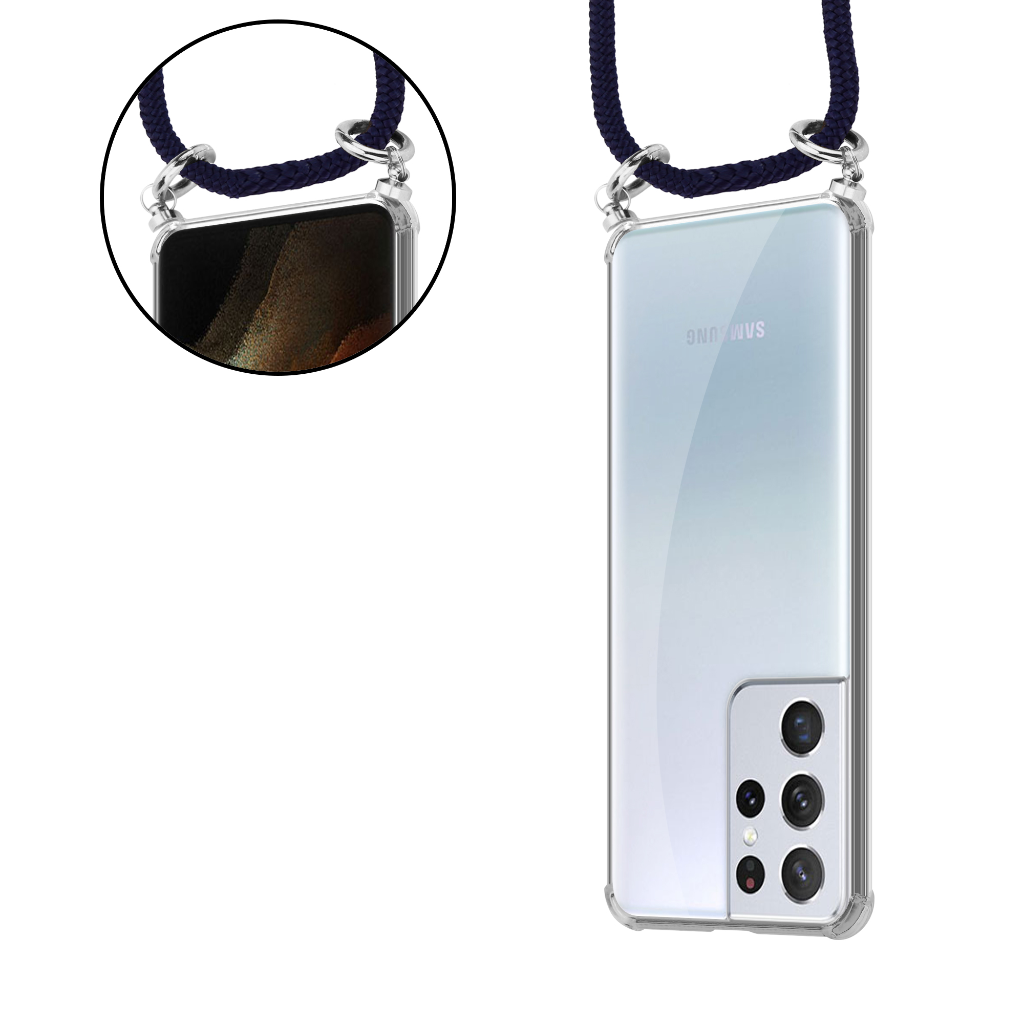 Transparente Handyhülle mit marineblauem Umhängeband, hält ein Telefon mit Samsung-Logo sichtbar.