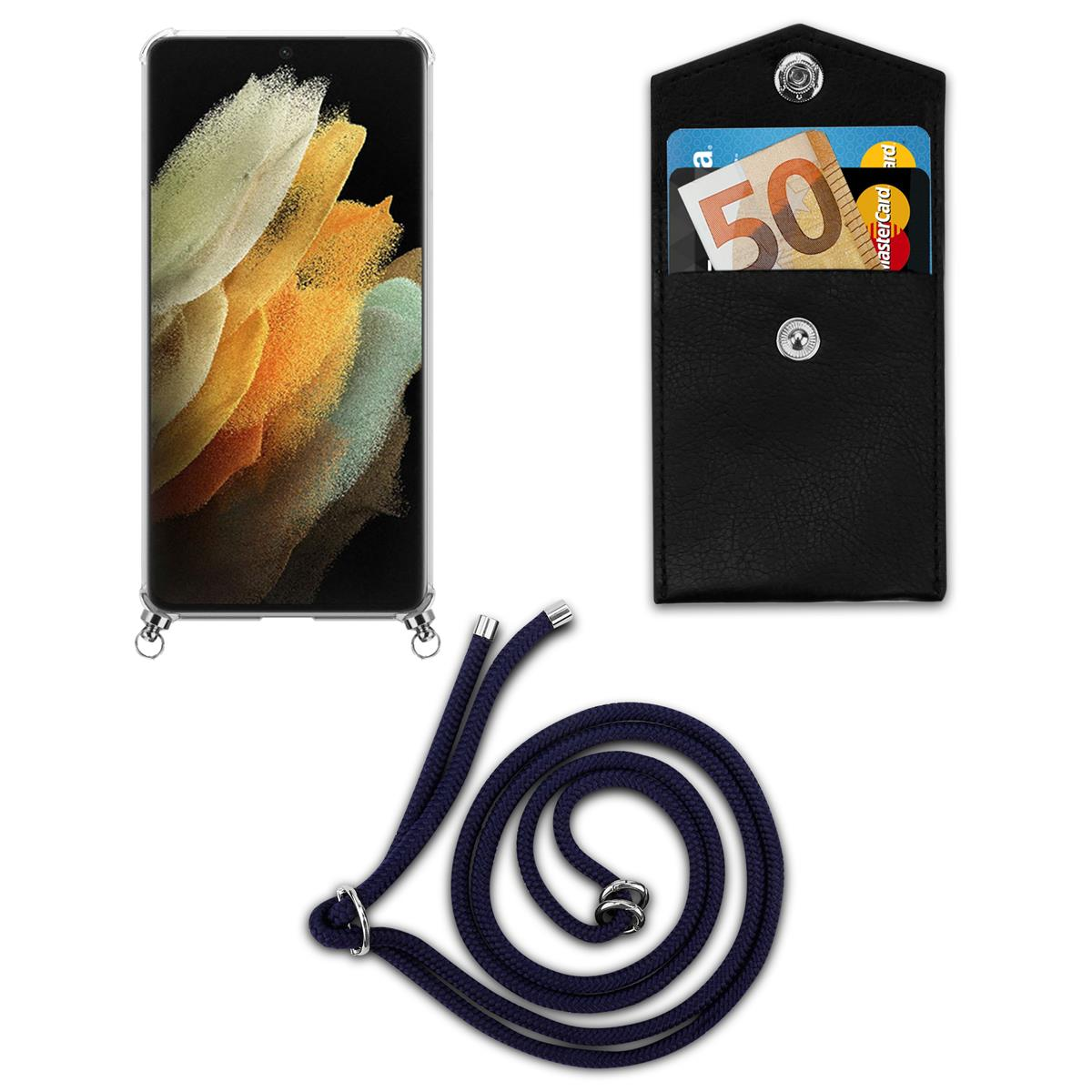 Telefon mit Riemen und Kartenhalter. Karten in schwarzem Kartenhalter.