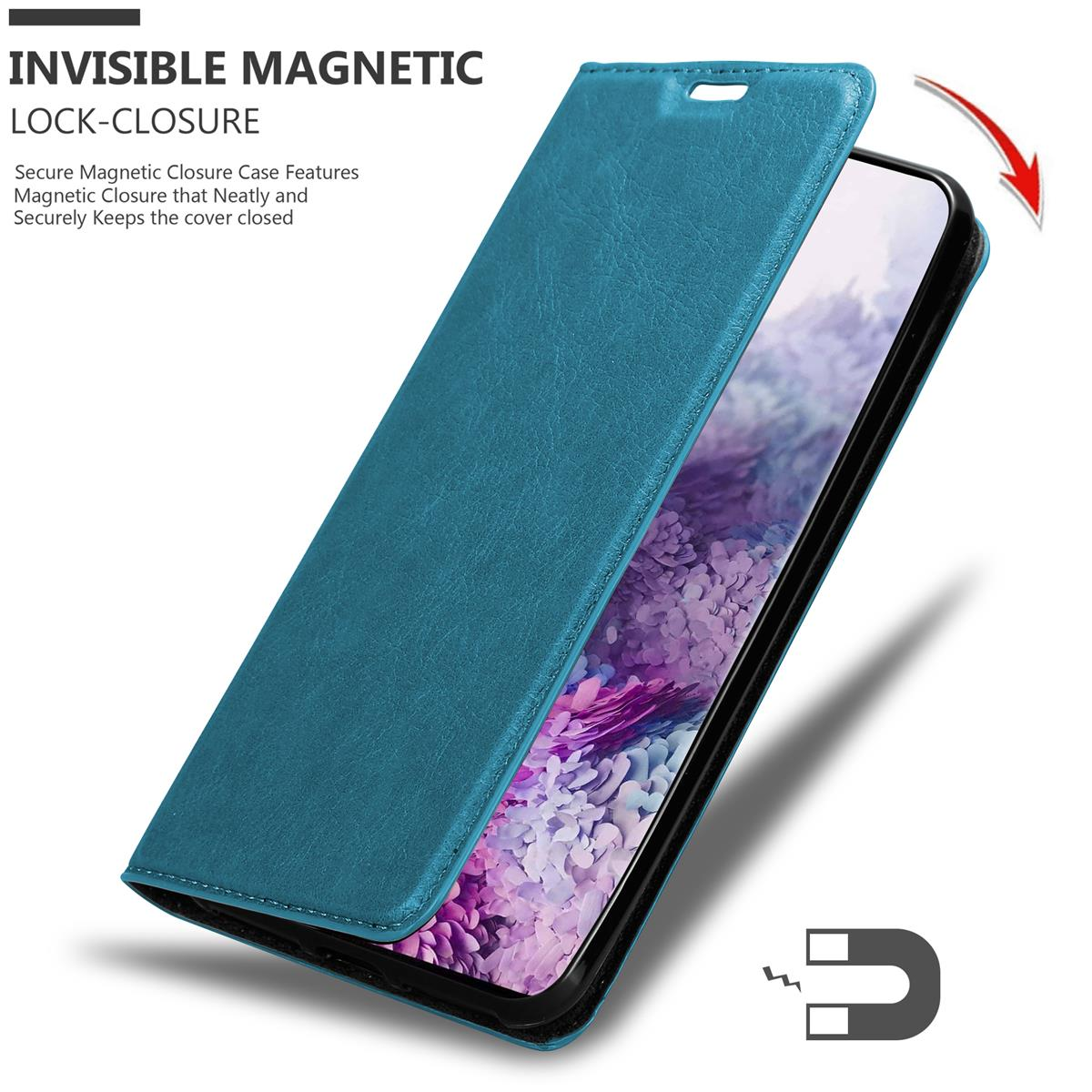 Türkisfarbene Handyhülle mit Magnetverschluss, geöffnet, zeigt ein Telefon darin.