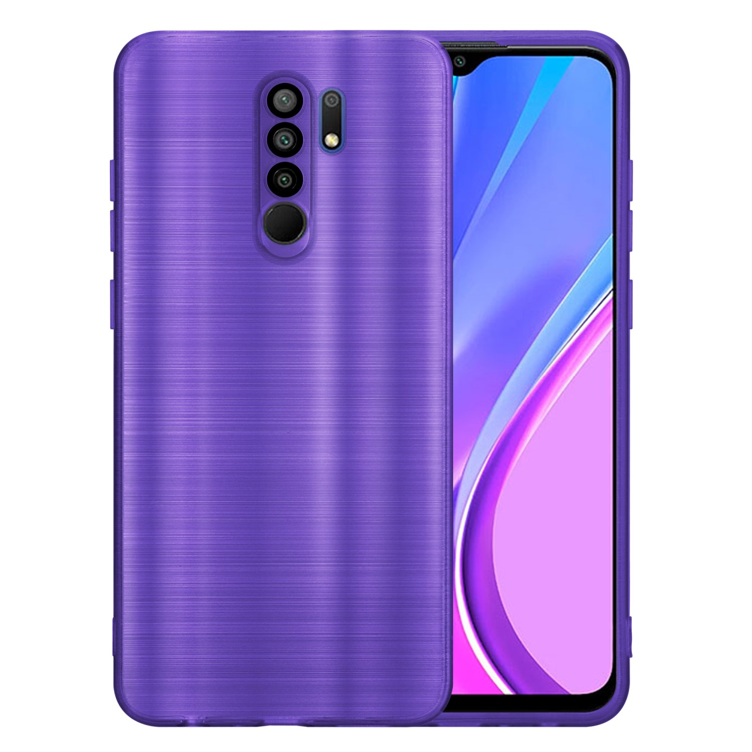 Custodia viola con telefono all'interno, con motivo spazzolato.