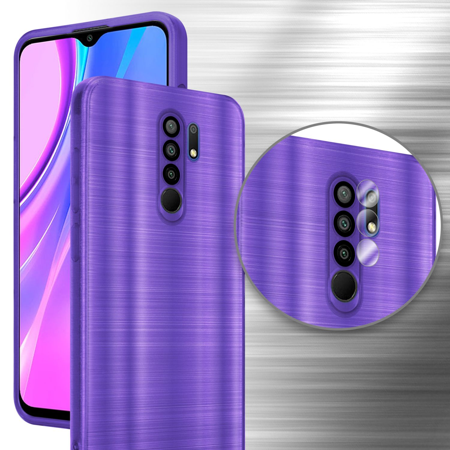 Custodia per telefono viola con texture metallica spazzolata. Telefono visibile. Messa a fuoco sulla fotocamera.