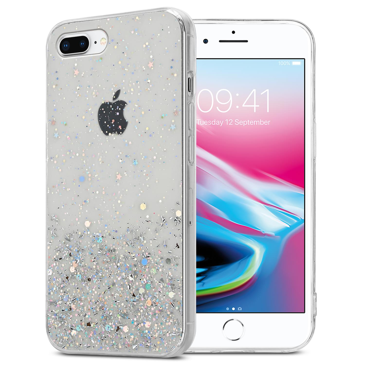 Apple, Backcover, Schutzhülle 8 PLUS 7 iPhone funkelnden 7S mit mit PLUS Transparent Glitter CADORABO Glitter, / PLUS, /
