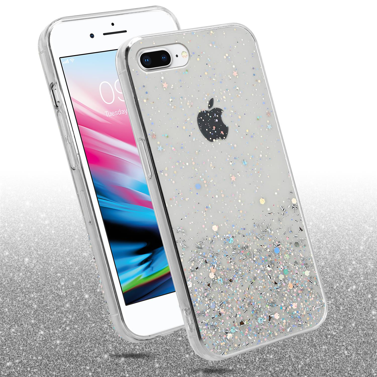 iPhone mit durchsichtiger Glitzerhülle. Die Hülle hat Glitzer und kleine Sterne, Apple-Logo auf der Rückseite.