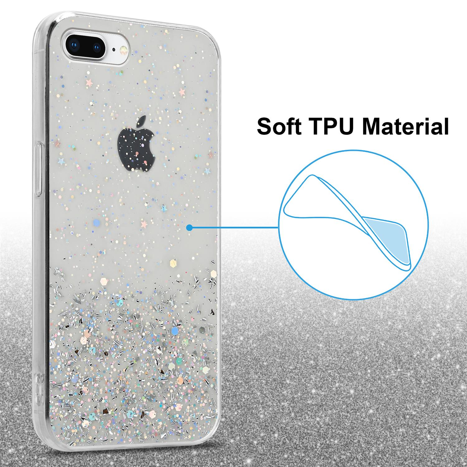 Transparente Handyhülle mit Glitzer und einem Logo. Text: Soft TPU Material. Weißer Hintergrund.