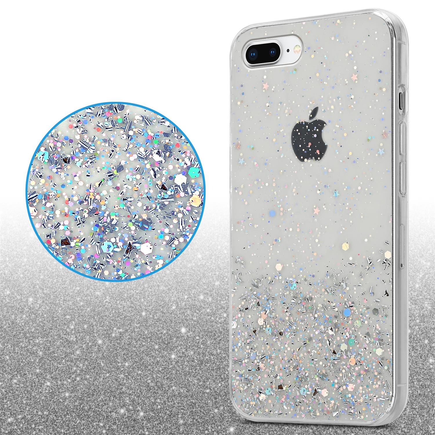 Transparente Handyhülle mit Glitzer. Apple-Logo sichtbar. Glitzer in der Hülle.
