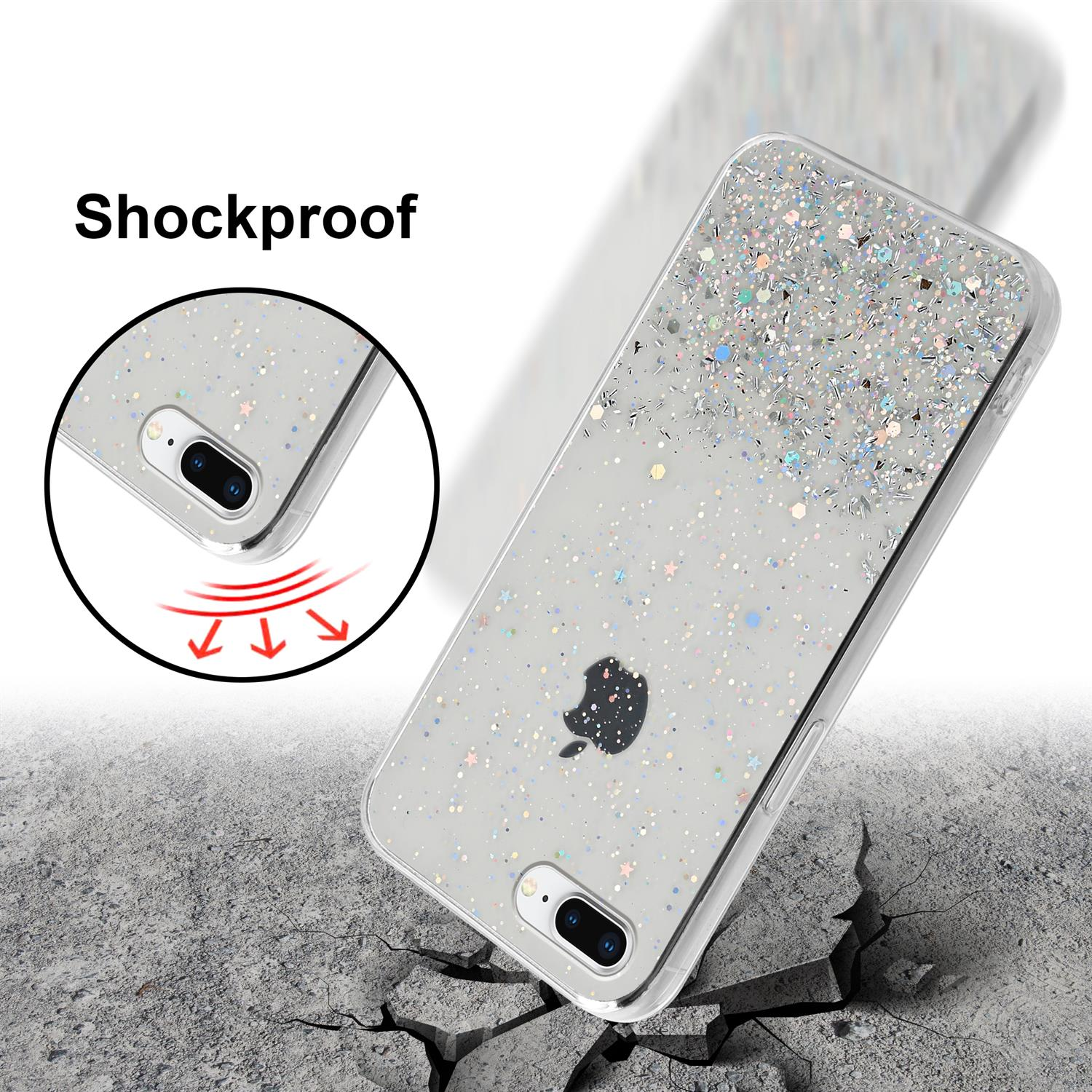 Eine Handyhülle mit Glitzer. Text: Stoßfest. Das Telefon fällt auf eine rissige Oberfläche.