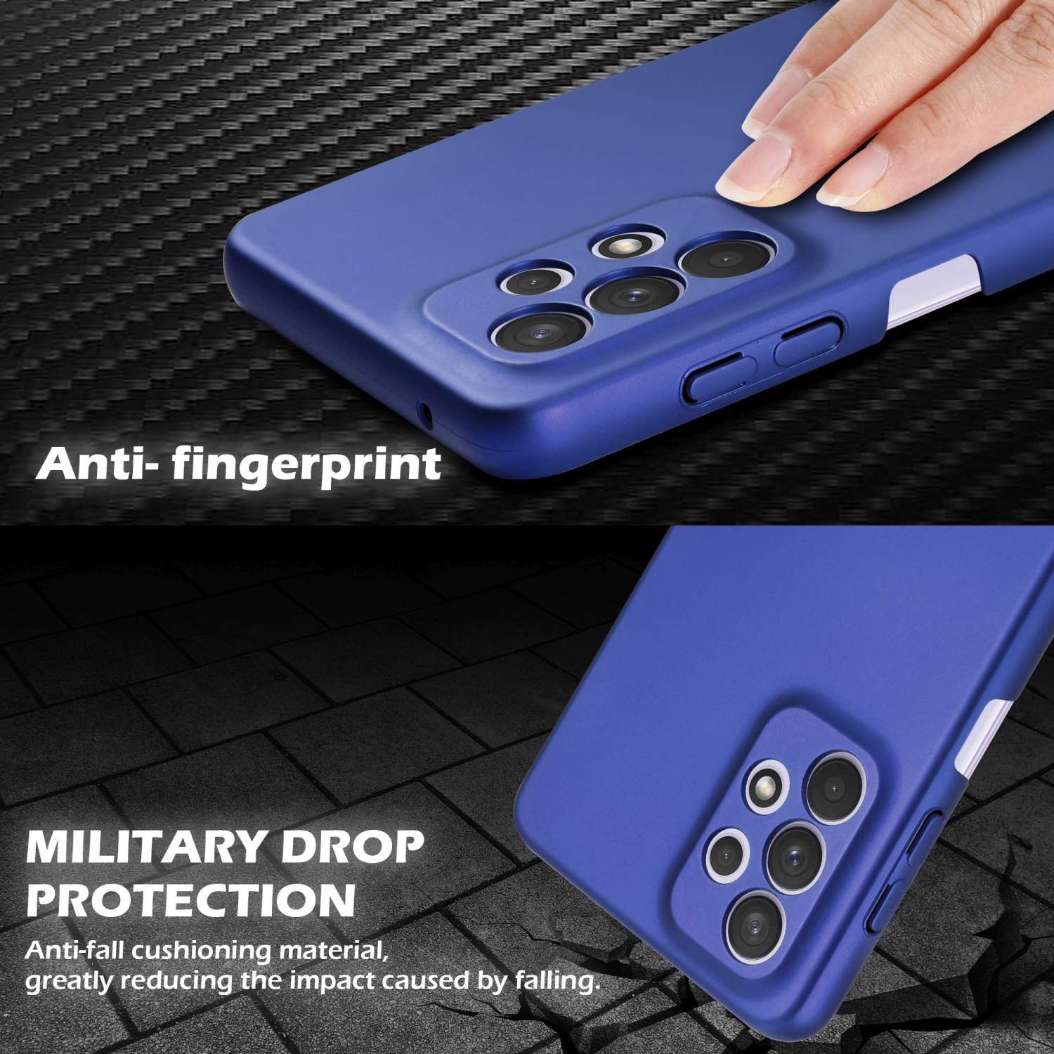 Eine blaue Handyhülle mit Anti-Fingerabdruck und Fallschutz. Das Telefon ist blau.
