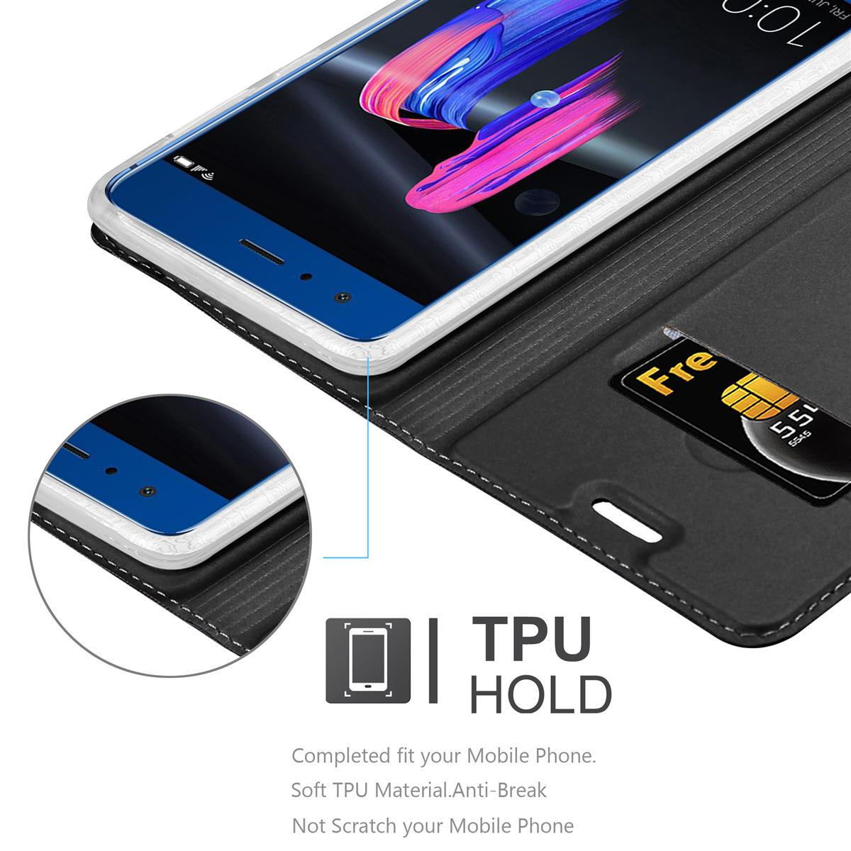 Ein Telefon wird in einer schwarzen Hülle gezeigt. Eine SIM-Karte befindet sich daneben. Die Hülle hat eine TPU-Haltebeschreibung.