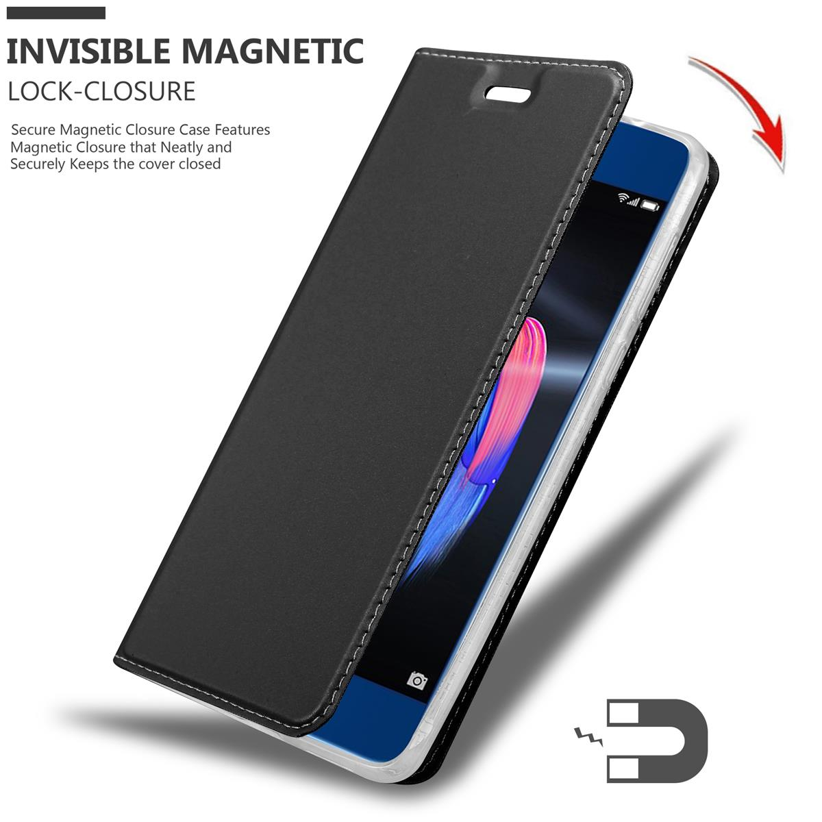 Schwarze Handyhülle mit Magnetverschluss. Das Telefon ist sichtbar. Text: Unsichtbarer Magnetverschluss.
