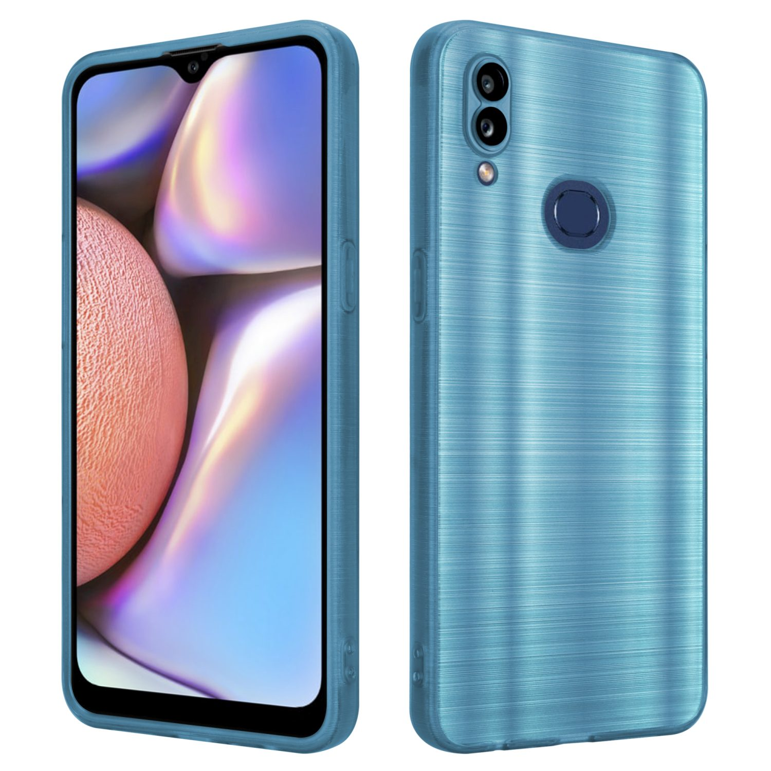 Custodia blu per telefono su sfondo bianco, vista anteriore e posteriore.