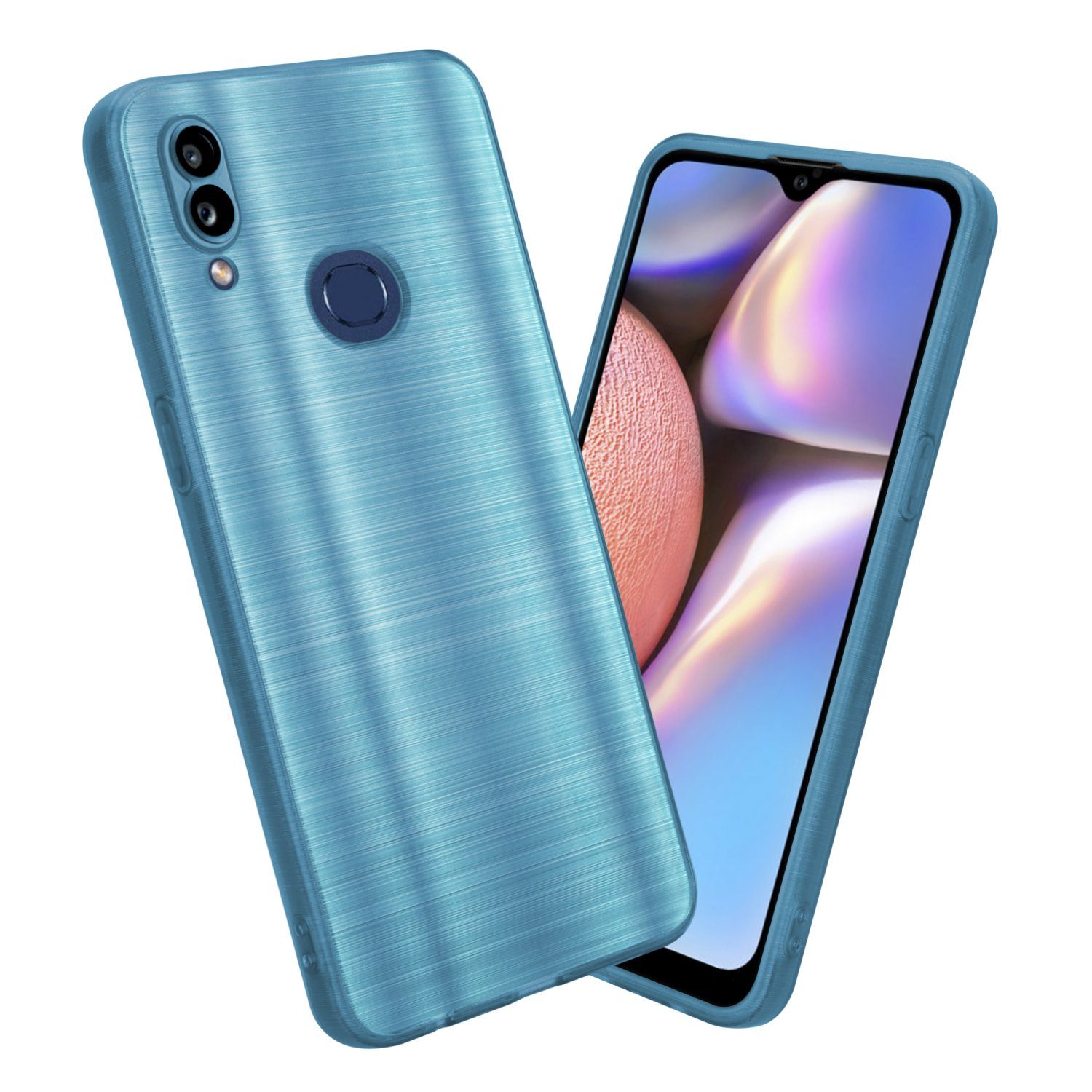 Custodia per telefono blu su sfondo bianco, lo schermo del telefono mostra uno schermo blu.