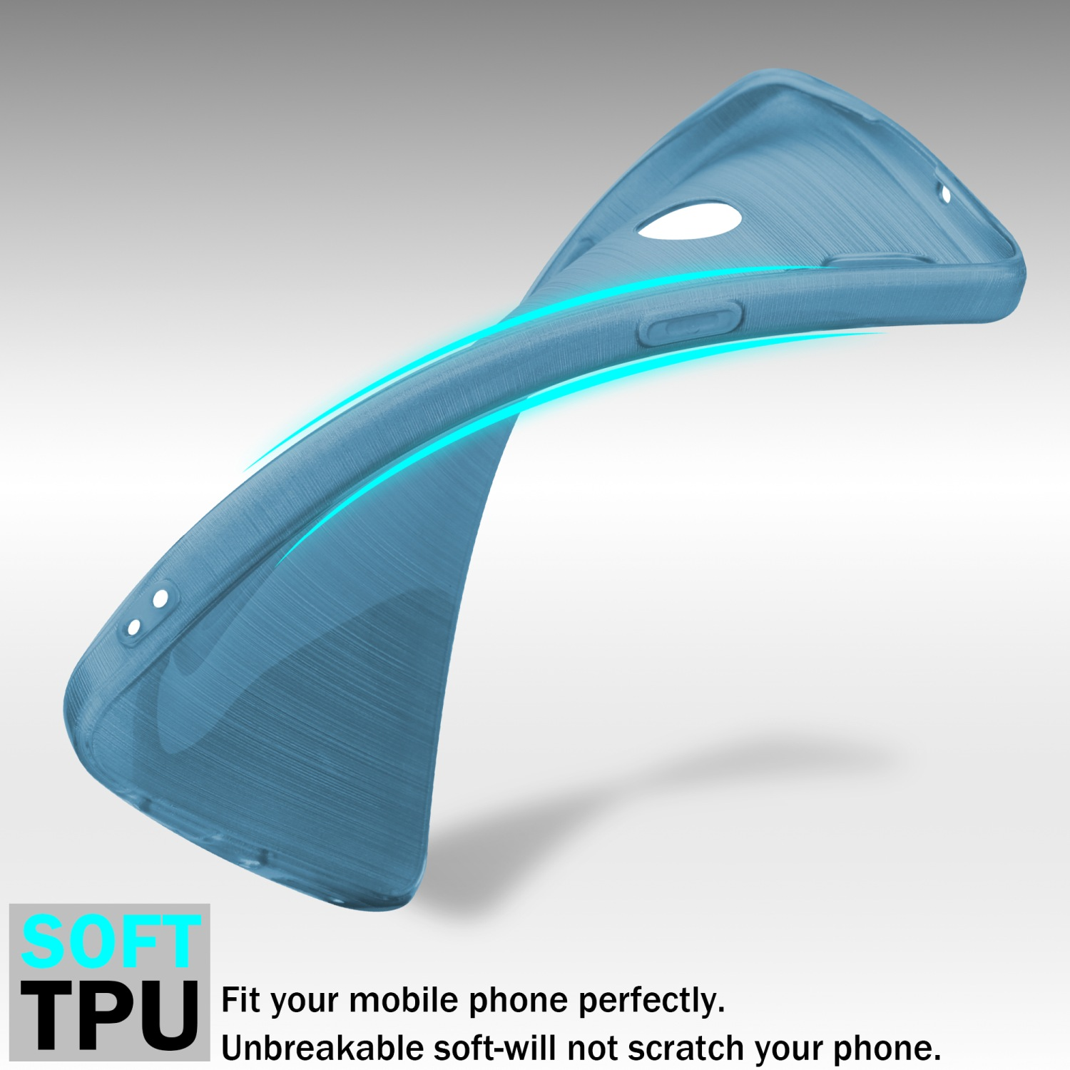 Una custodia blu flessibile per telefono con superficie strutturata, fluttuante. Testo TPU morbido in basso.