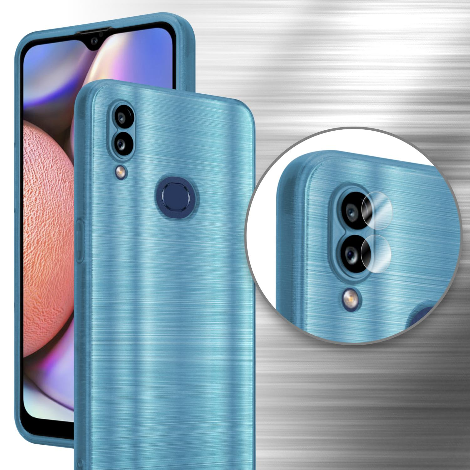 Custodia blu per telefono con superficie strutturata, che mostra i dettagli della fotocamera.