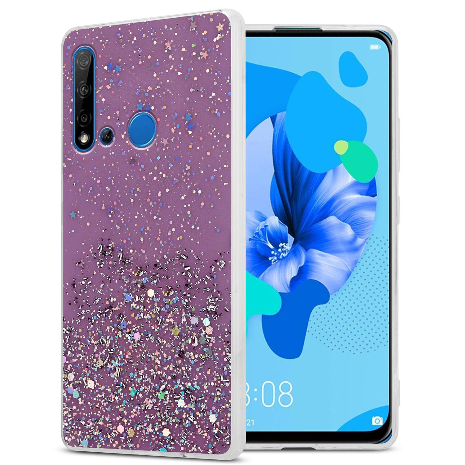 Lila Handyhülle mit Glitzer und einem Handy. Das Handy hat einen blau-weißen Bildschirm.