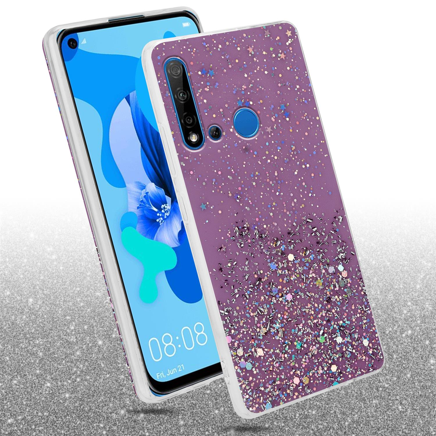 Eine lila Handyhülle mit Glitzer und einem Telefonbildschirm. Der Hintergrund ist glitzernd.