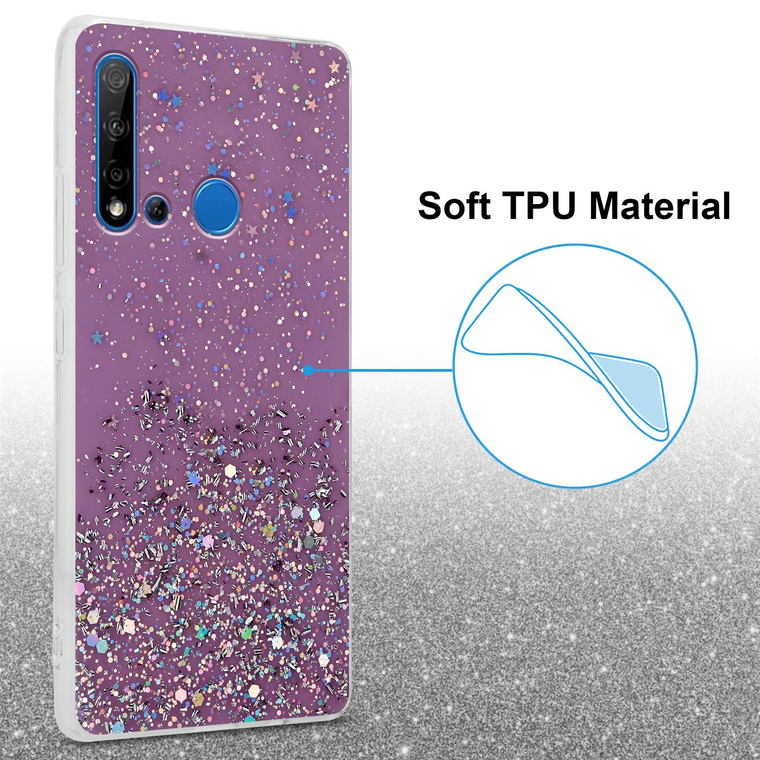Lila Handyhülle mit Glitzer. Auf der rechten Seite steht Soft-TPU-Material.