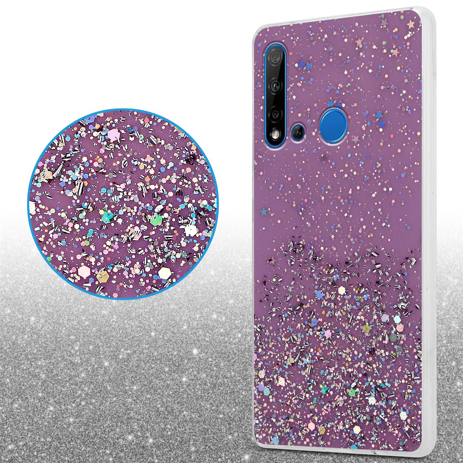 Eine lila Handyhülle mit Glitzer. Ein Kreis mit Glitzer. Eine Handyhülle mit Glitzer.