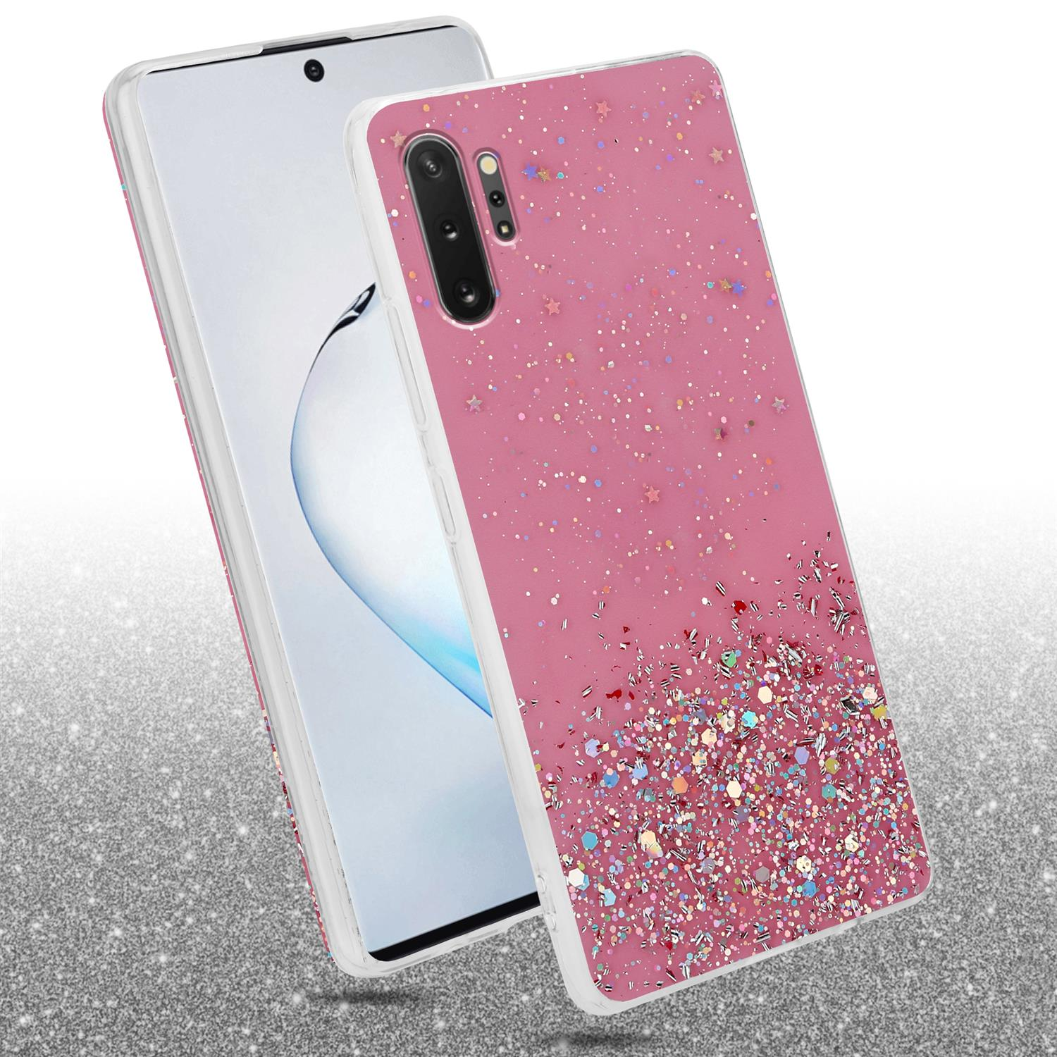 Rosa Handyhülle mit Glitzer. Telefon in der Hülle links. Weißer Hintergrund.