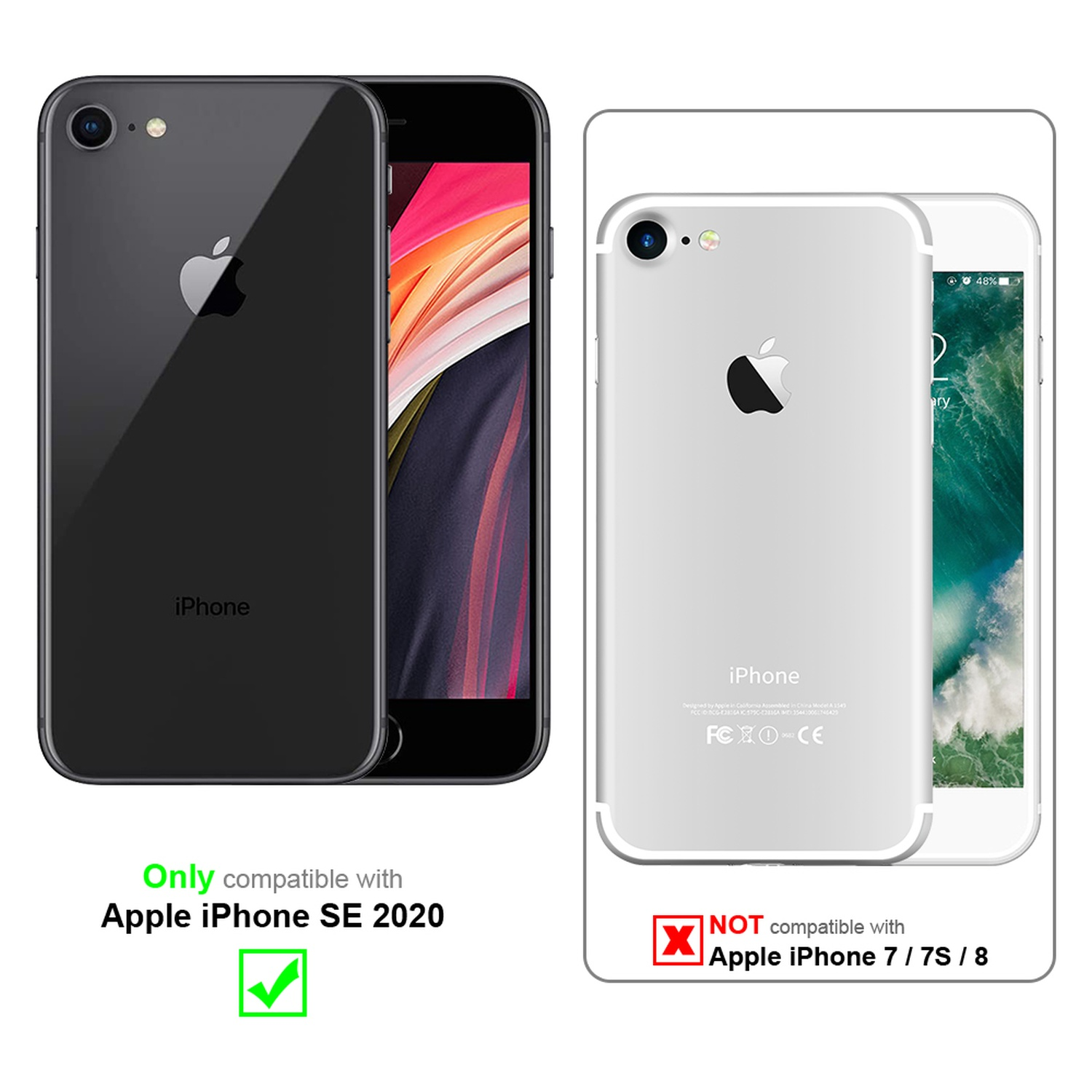 Zwei iPhones, schwarz und silber, mit Text, der die Kompatibilität nur mit SE 2020 anzeigt.