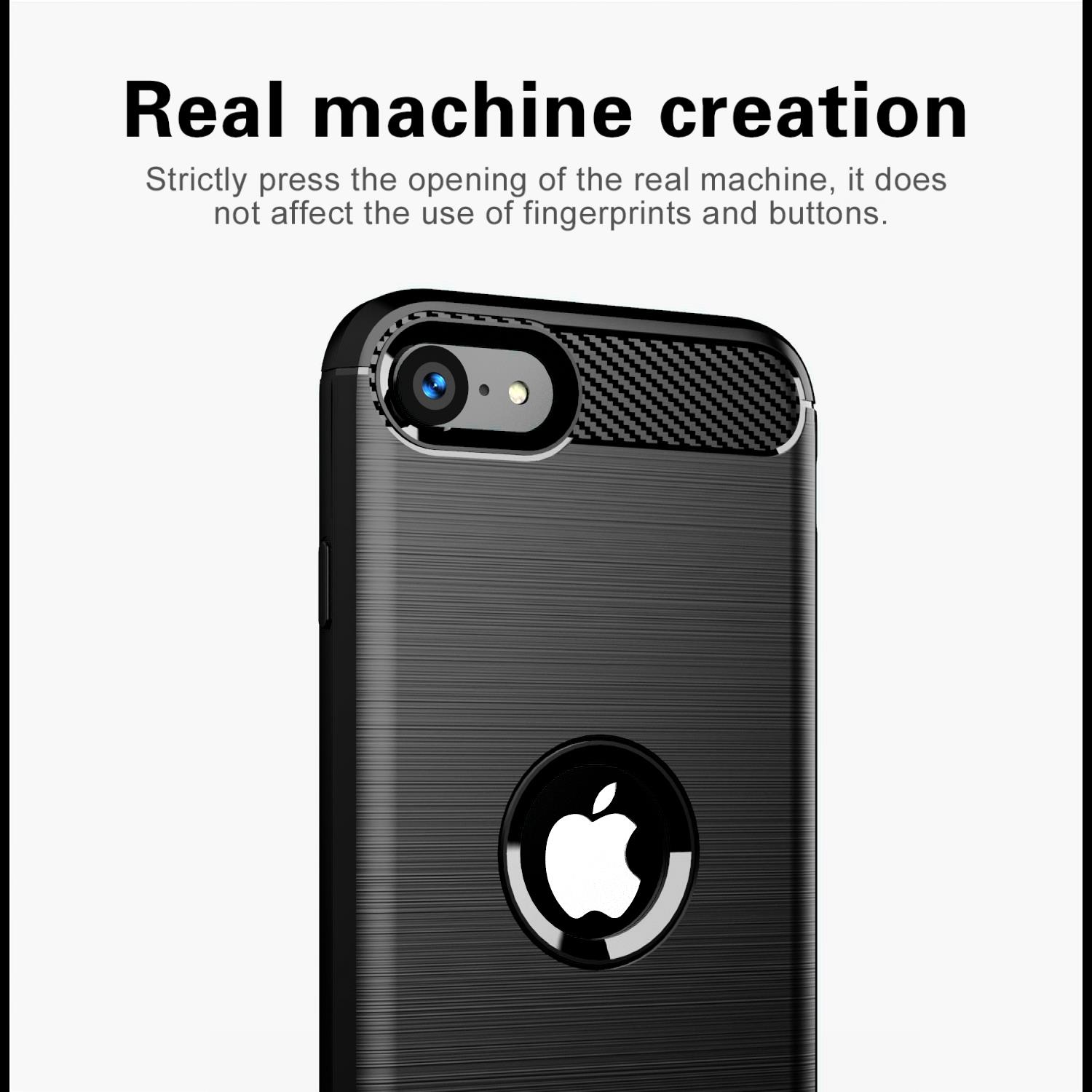 Nahaufnahme einer schwarzen Handyhülle mit strukturierter Oberfläche und dem Apple-Logo, auf weißem Hintergrund.