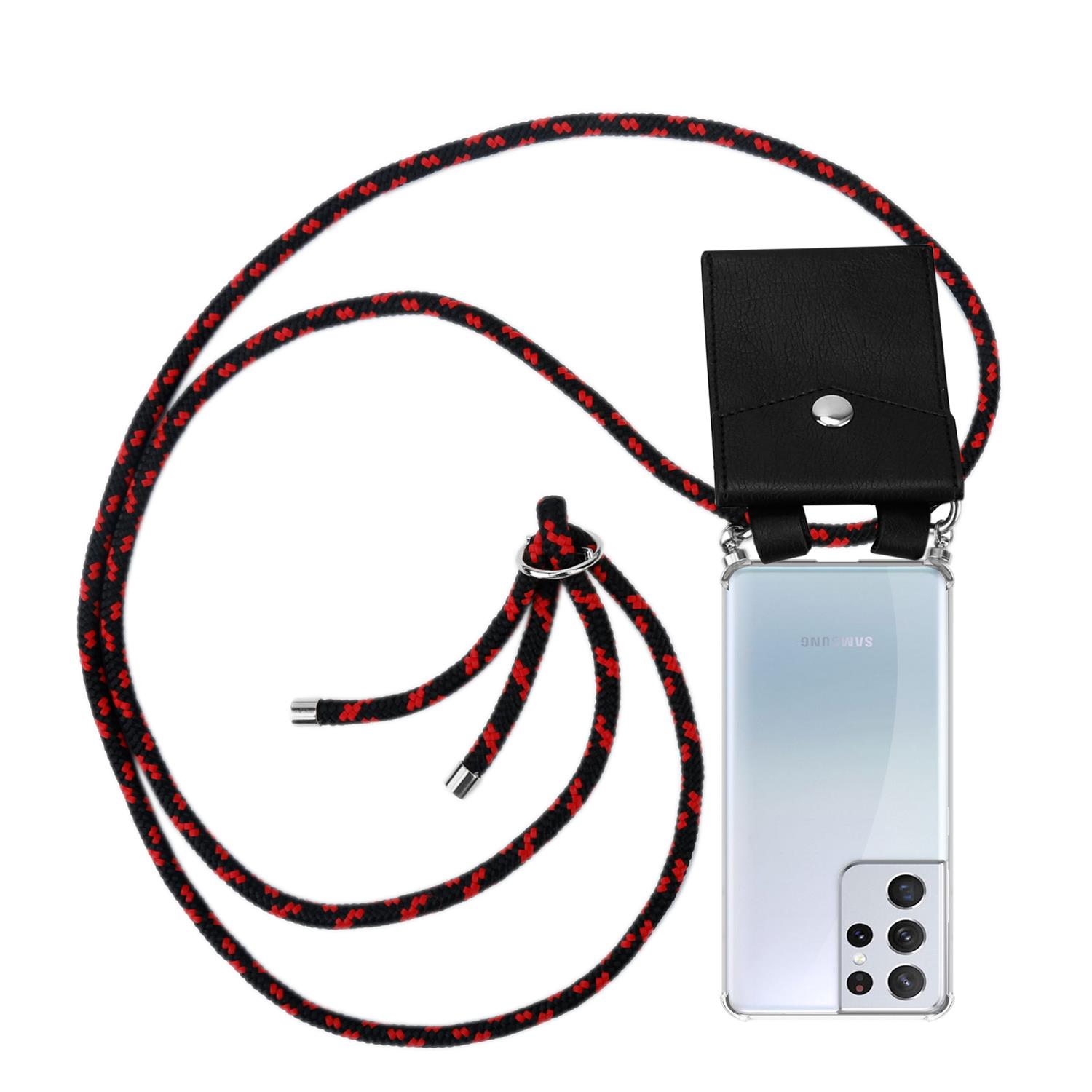 Schwarzes und rotes Telefonband. Schwarze Handyhülle mit klarer Rückseite. Telefon hat mehrere Kameras.