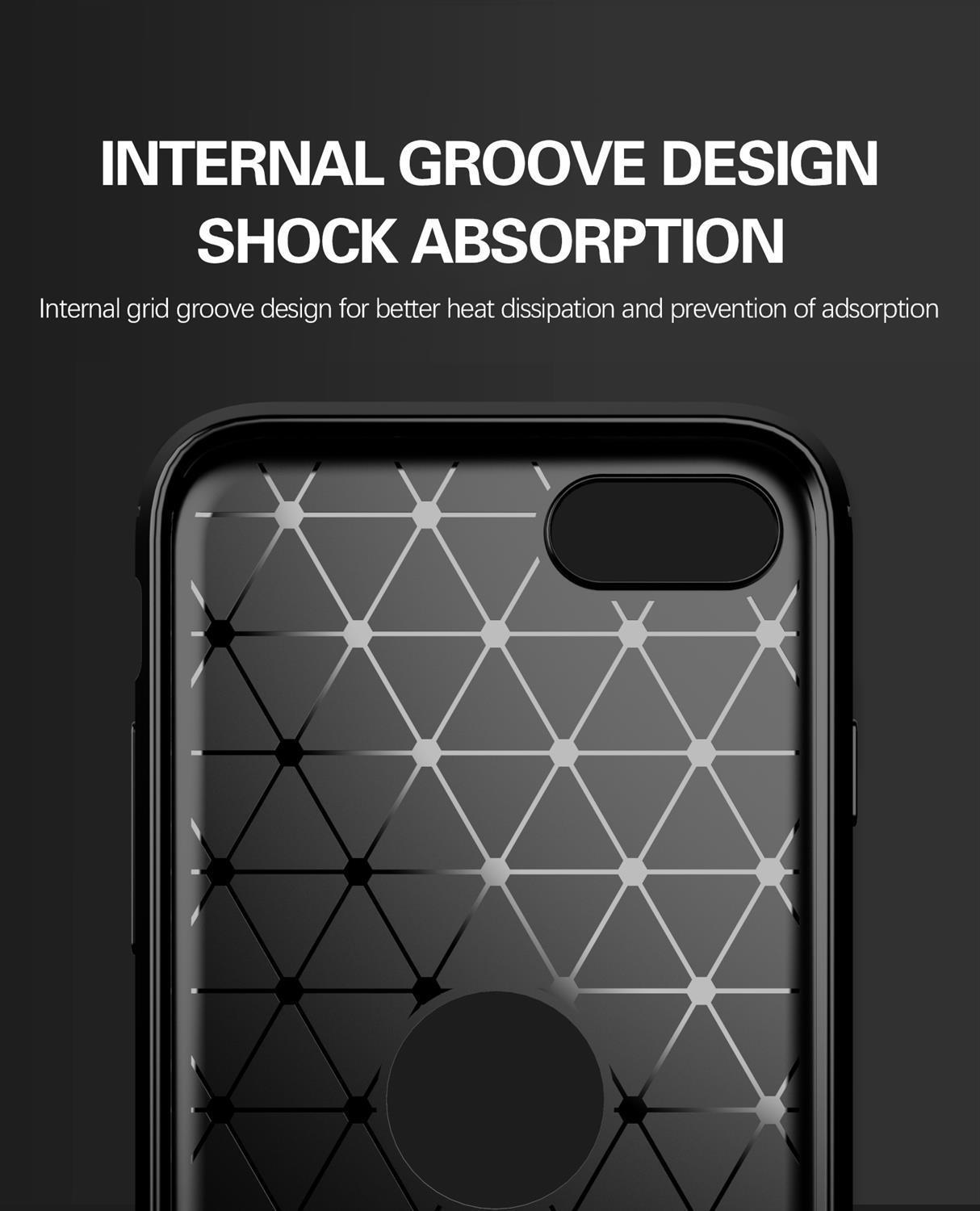 Schwarze Handyhülle mit geometrischem Muster. Text: 'Internal Groove Design'.