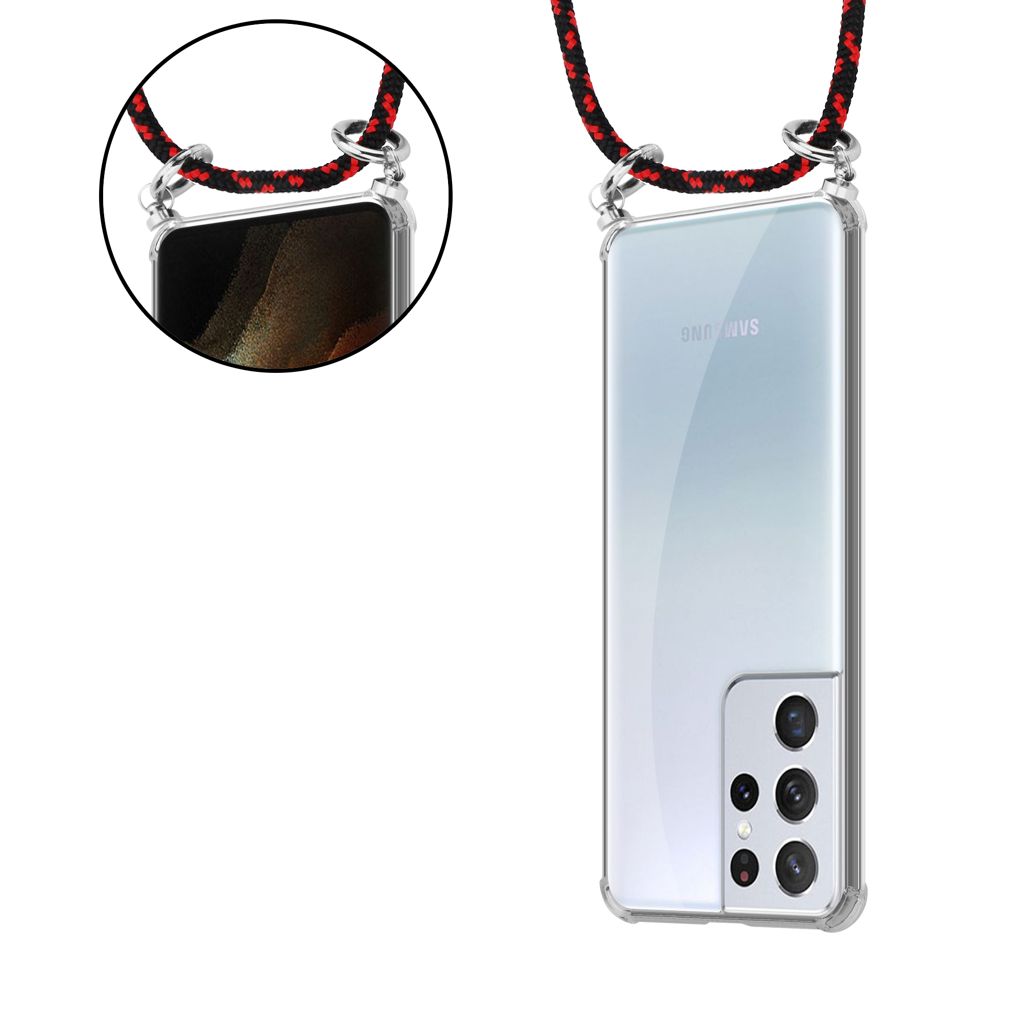 Transparente Handyhülle mit roter und schwarzer Kordel. Das Telefon ist in der Hülle.