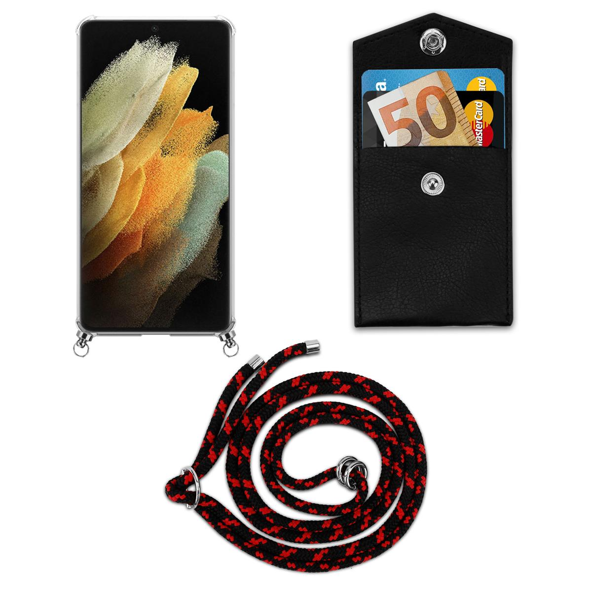 Telefon, schwarze Hülle, schwarz/roter Riemen, Wallet-Hülle mit Geld und Karte. Weißer Hintergrund.