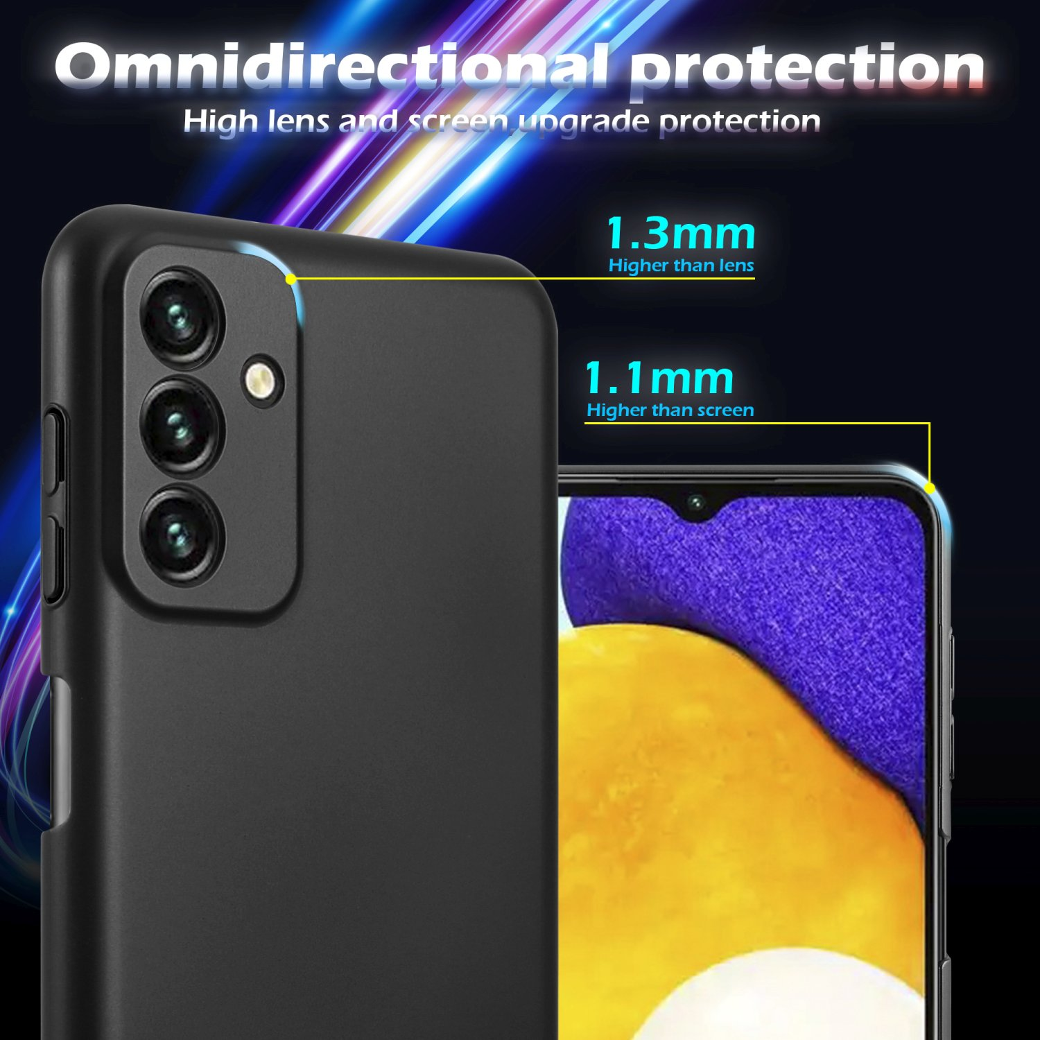 Schwarze Handyhülle auf einem Telefon mit schwarzem Bildschirm. Bildschirm ist 1,1 mm höher. Dunkler Hintergrund.