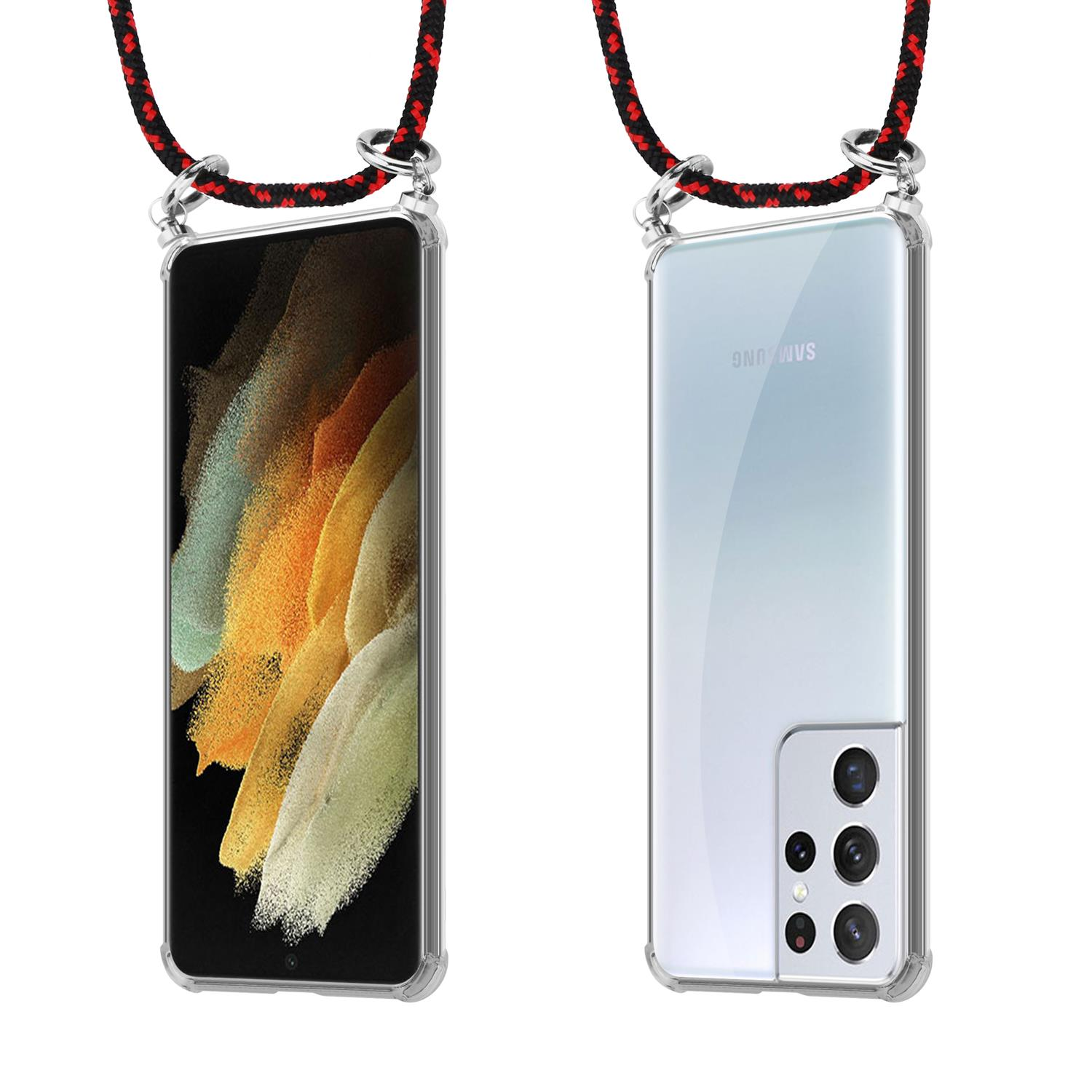 Telefon mit rot-schwarzem Riemen. Die Rückseite des Telefons ist durchsichtig. Buntes Bild.