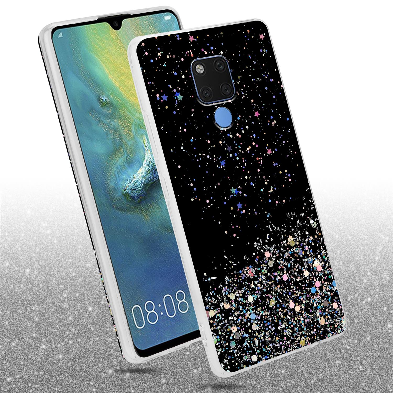 Handyhülle mit Glitzer. Ein Telefonbildschirm ist sichtbar. Schwarzer Hintergrund.