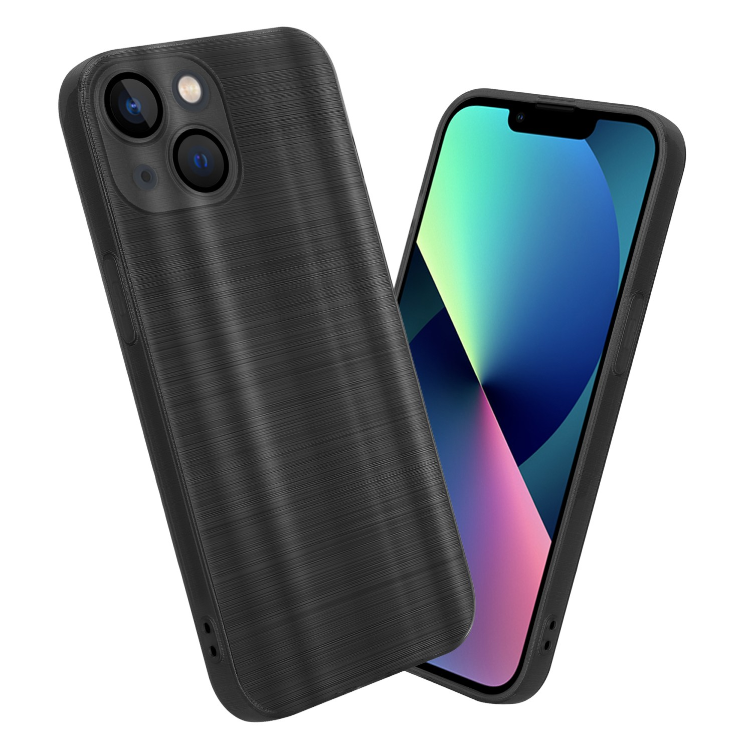 Eine schwarze Handyhülle mit strukturierter Oberfläche und einem Telefon darin. Schwarzer Hintergrund.