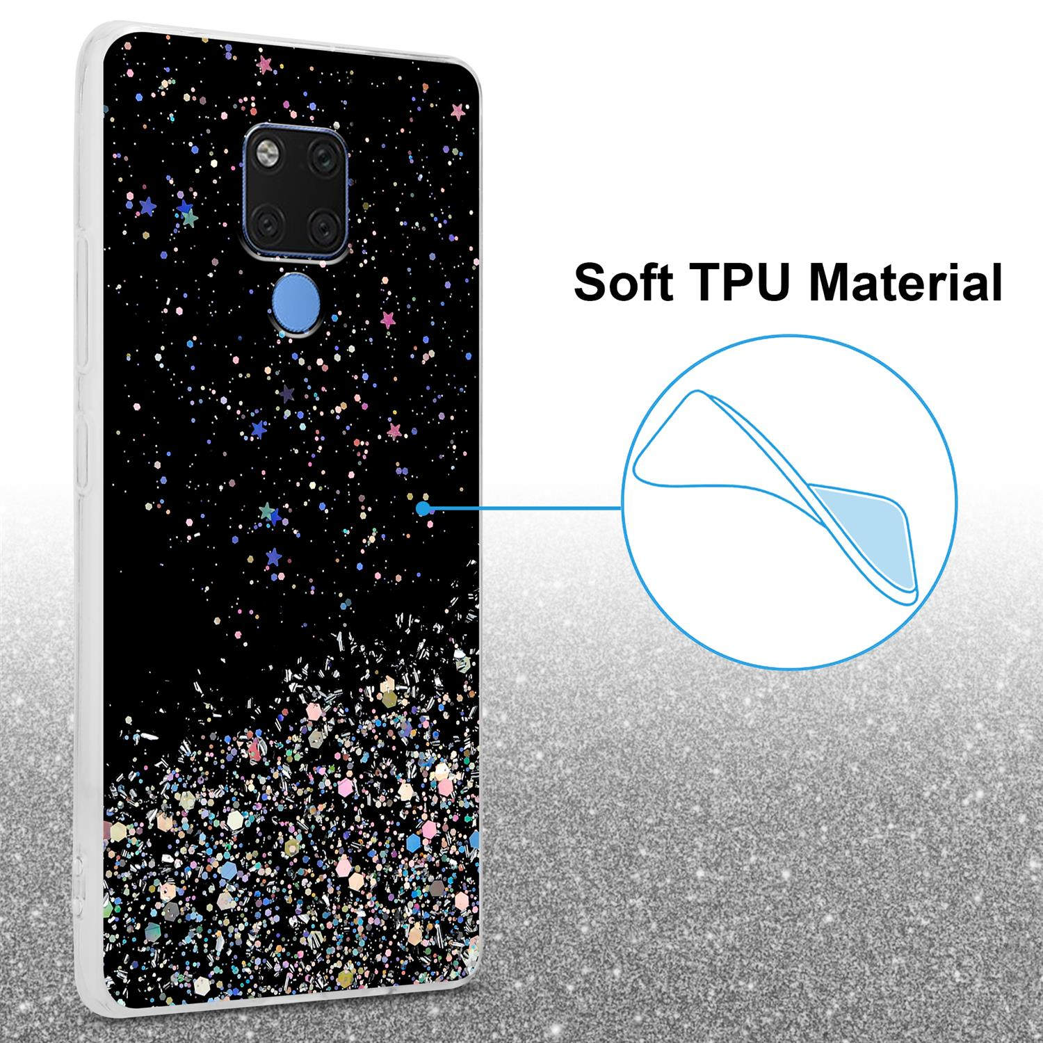 Eine Handyhülle mit schwarzem Hintergrund und farbenfrohem Glitzer. Der Hintergrund ist glitzernd.