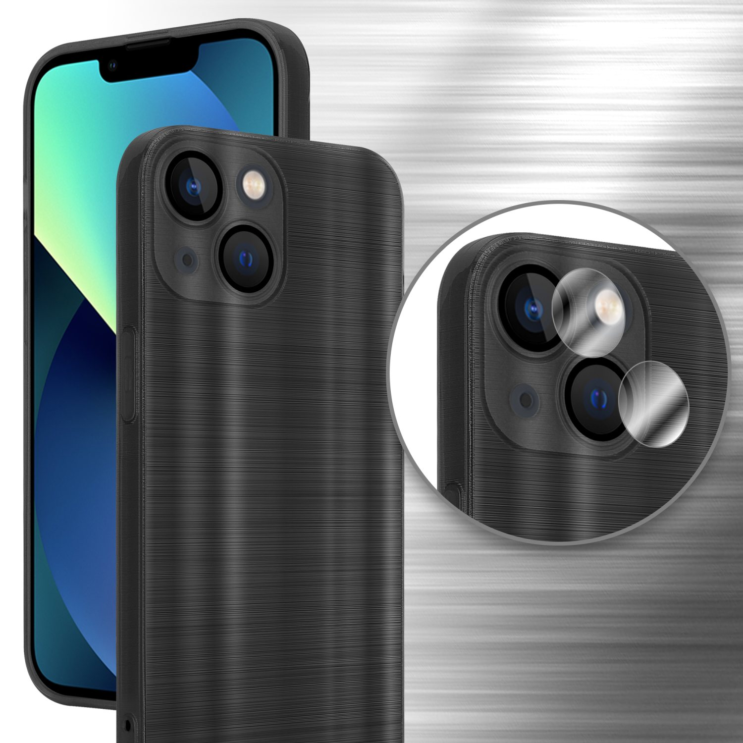 Schwarze Handyhülle auf einem Telefon. Die Hülle hat eine strukturierte Oberfläche.